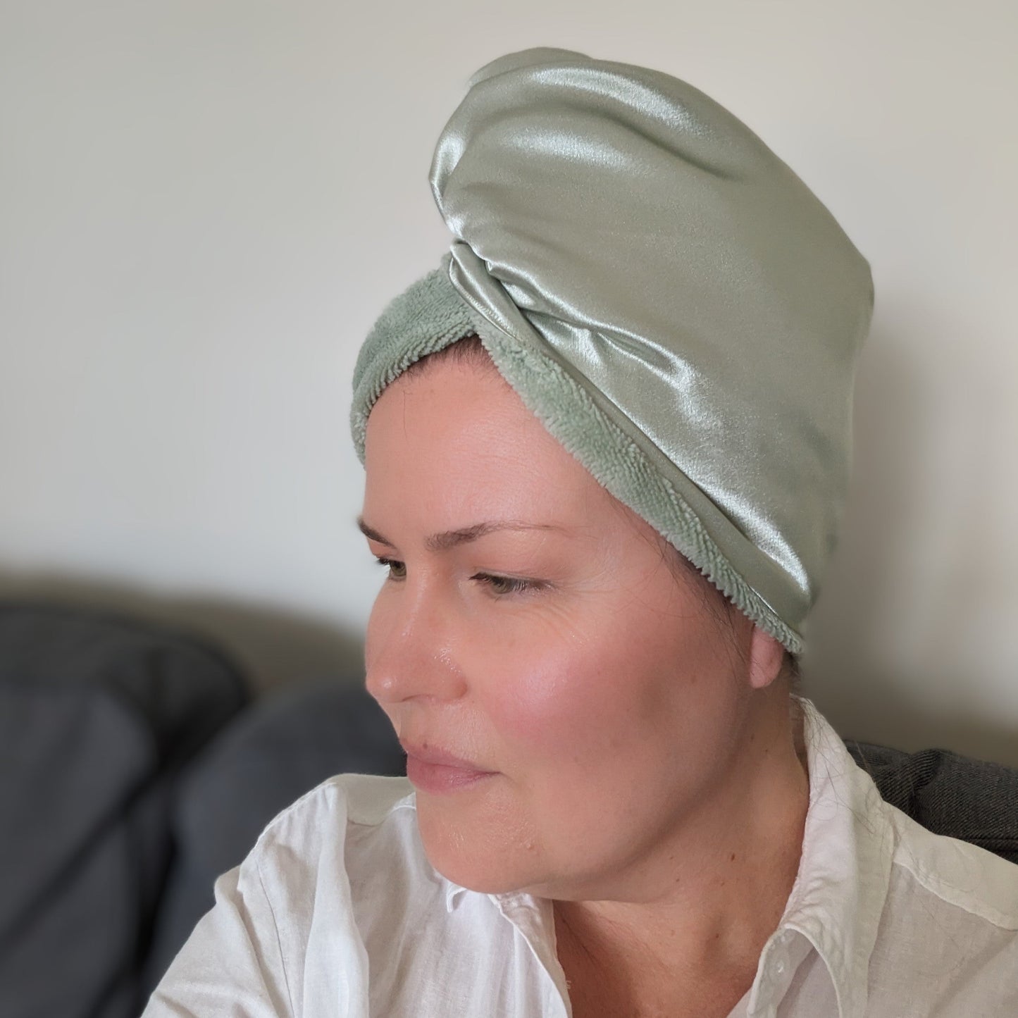 sage green satin hair towel