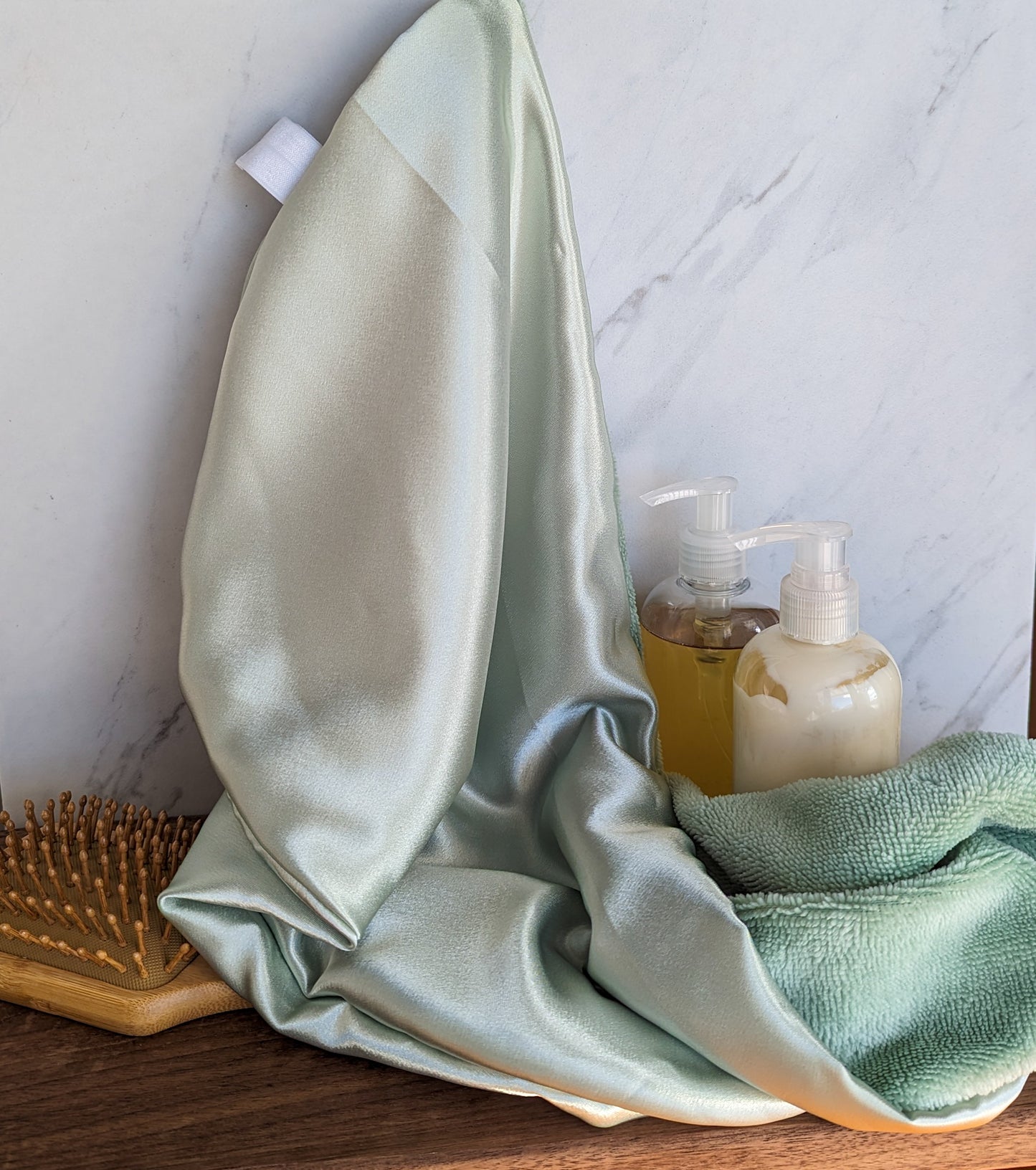 REVERSIBLE LUXE MICROFIBER + SATIN HAIR TOWEL WRAP-Sage Green