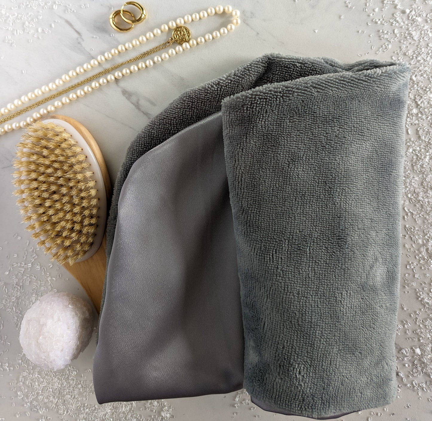 Best satin silk luxe microfiber cotton bamboo hair towel hair drying towel wrap turban t-shirt plopping for curly wavy long hair Arctic Rose satin bonnet head towel wrap for sleeping made in Canada, the perfect travel hair towel matching towel satin scrunchies available