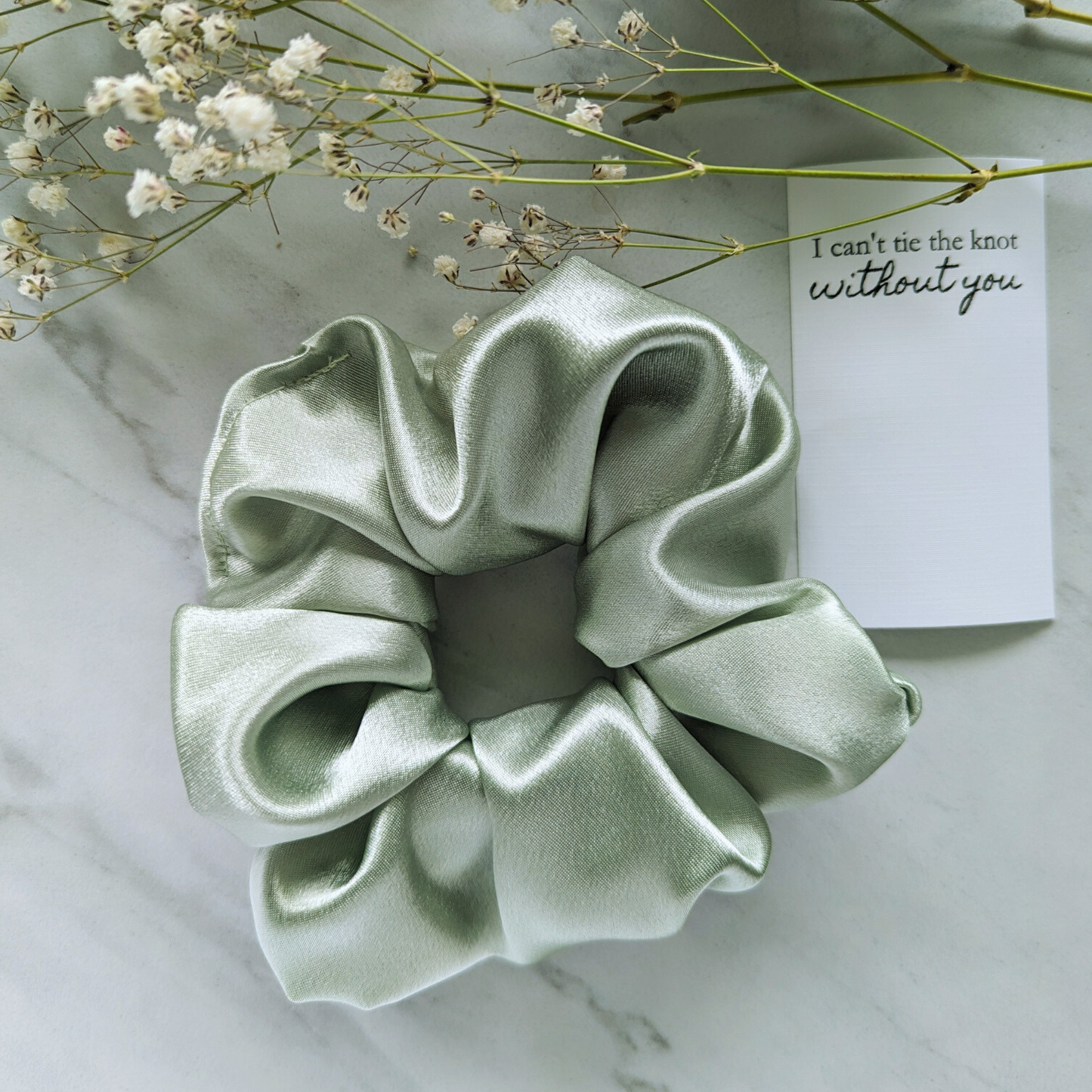 SATIN SCRUCHIE FOR BRIDESMAID SAGE GREEN SATIN WITH PROPSAL CARD
