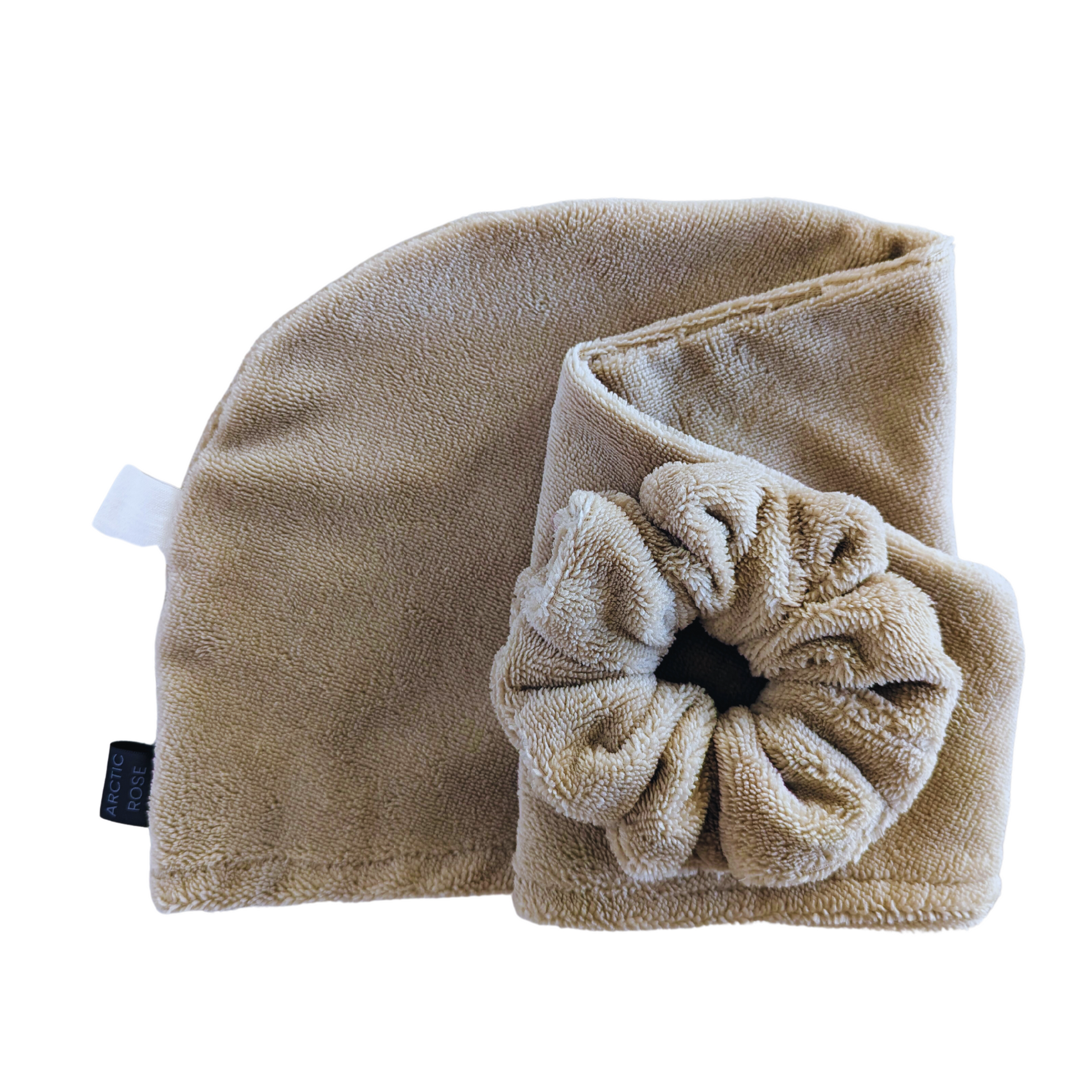 beige hair towel and matching scrunchie set 