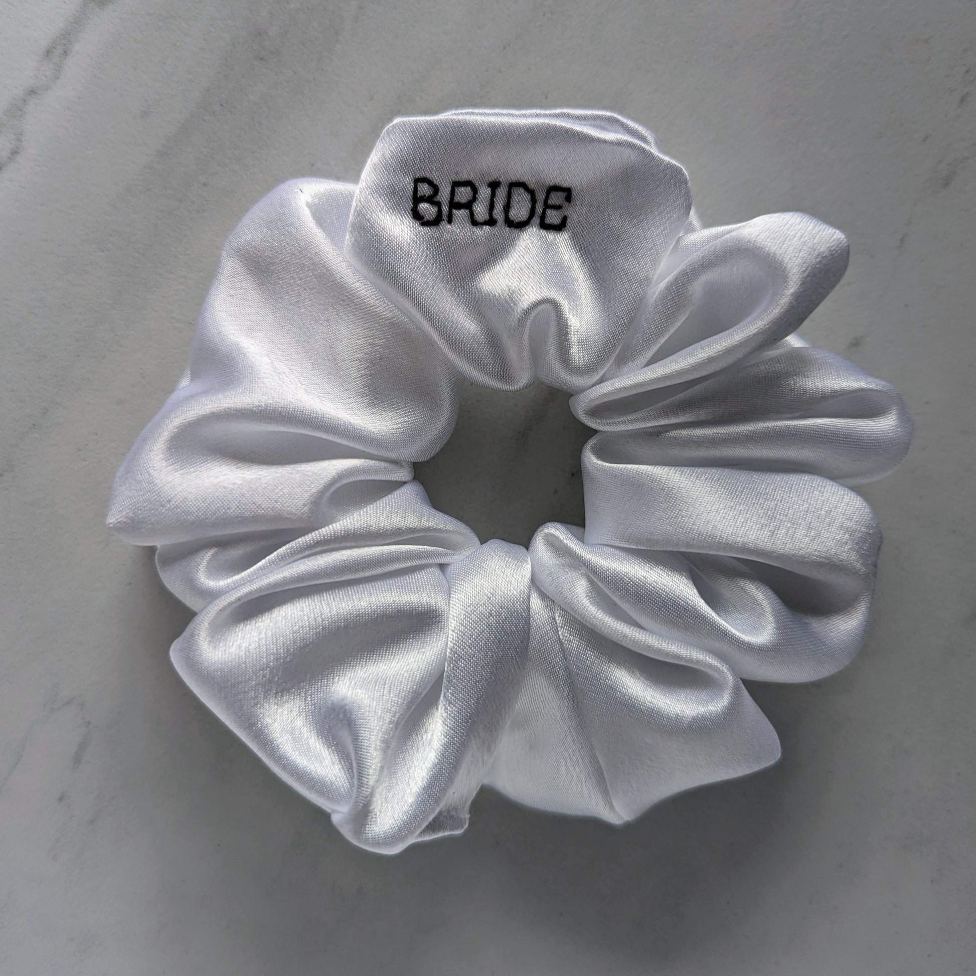white satin bride scrunchie, black emboidery BRIDE