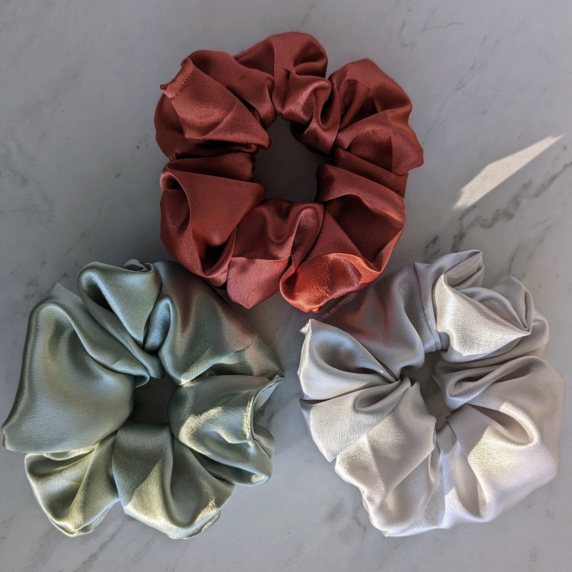 RUST SAGE GREEN AND SILVER SATIN SCRUNCHIES FOR BRIDESMAIDS 