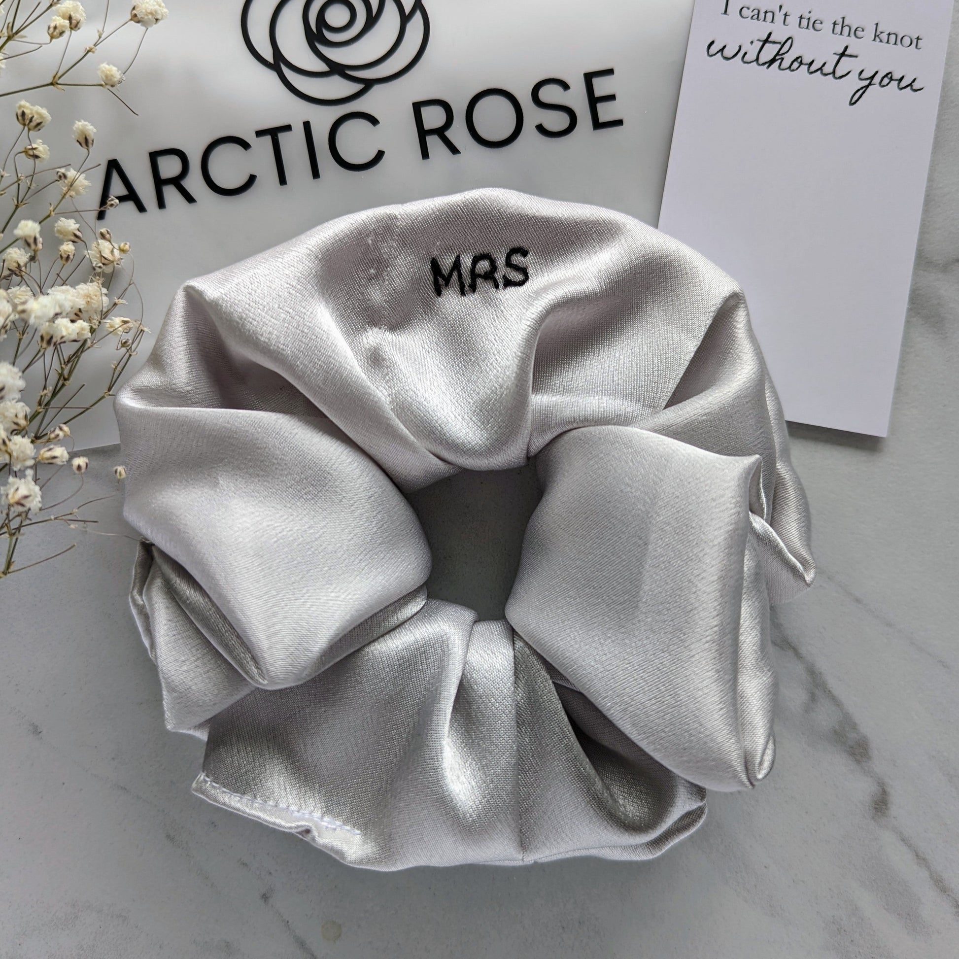 Light silver bridesmaid scrunchie, embridered with her name