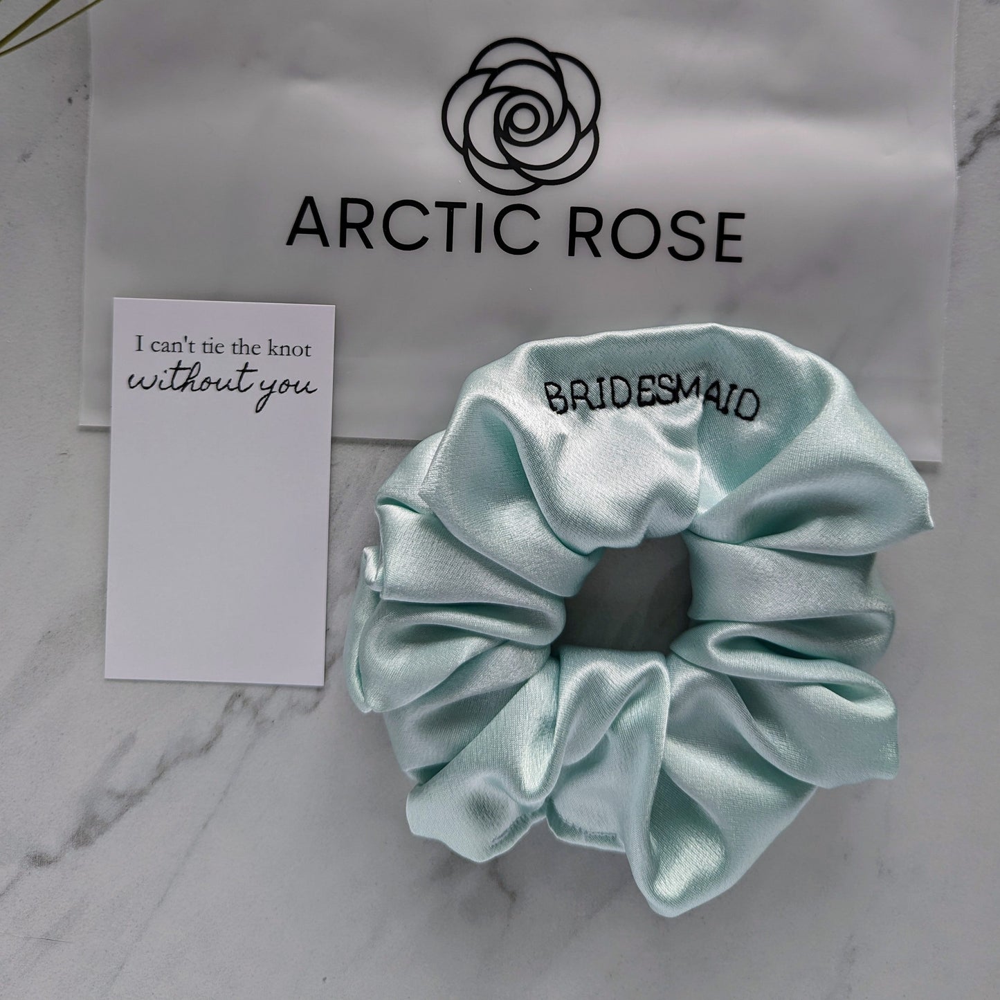 Mint green satin scrunchie for bridesmaids custom embroidered with their name