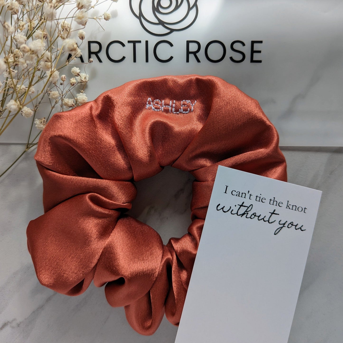 Rust orange satin custom scrunchie for Bridesmaids 