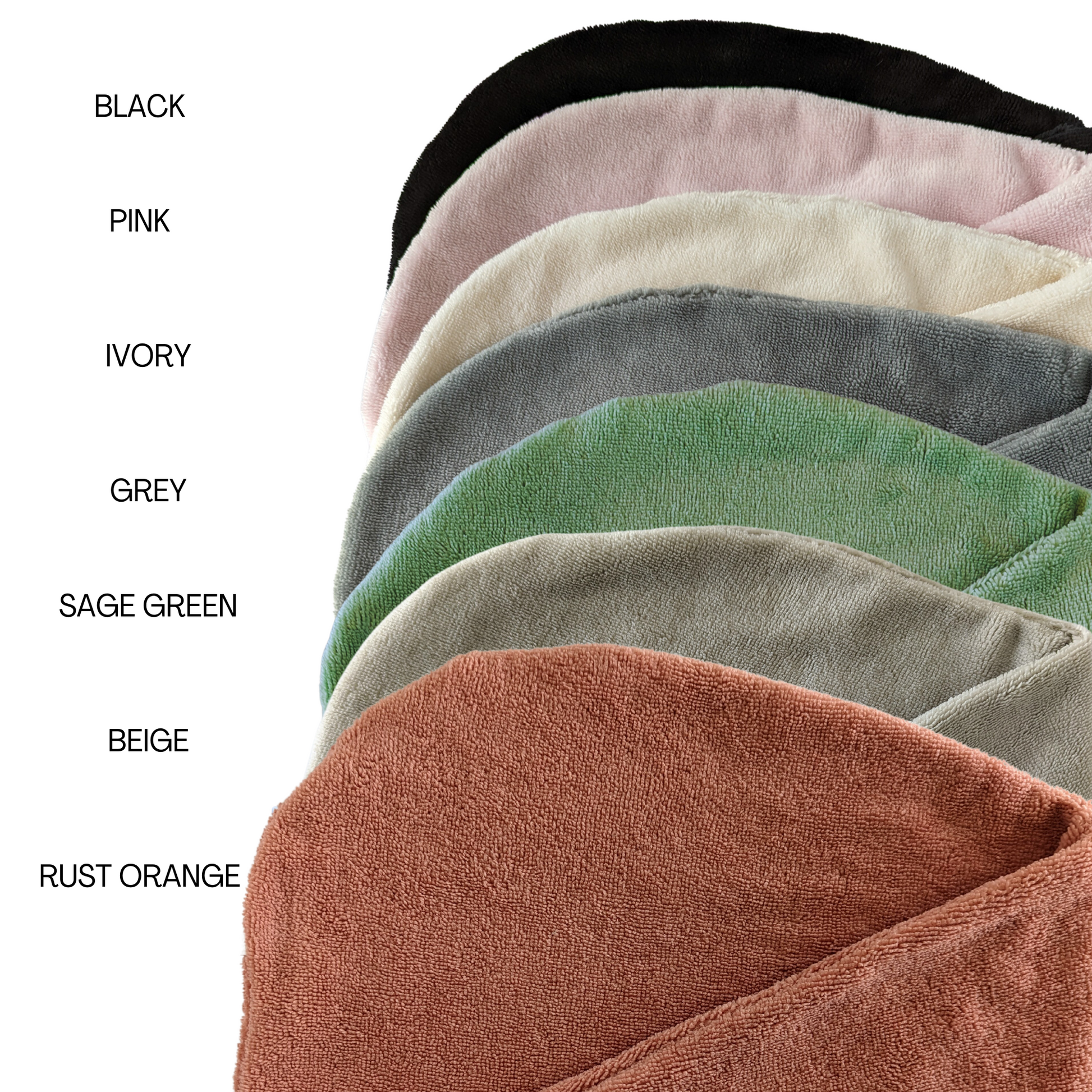 hair towels available in 7 colours, black, pink , ivory, grey, sage green, beige, rust orange