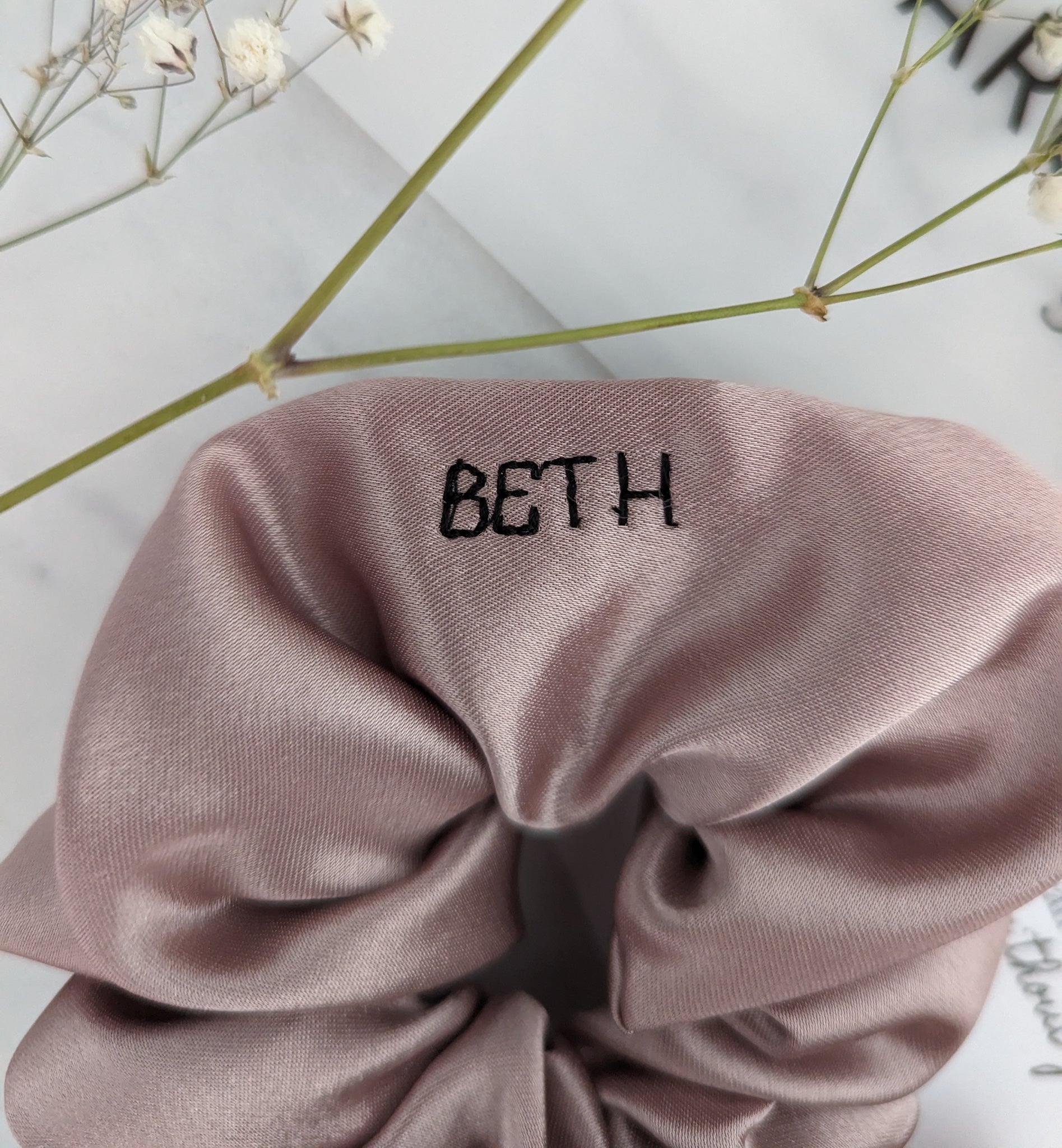 Bridesmaid proposal scrunchie with custom ebroidered name on it