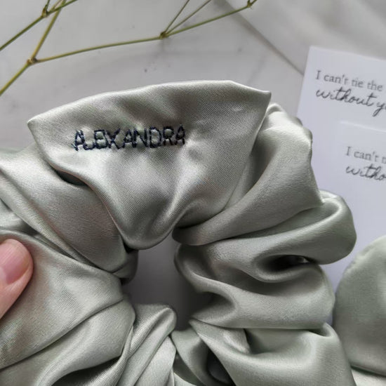 sage green bridesmaid gift ideas, personalized satin scrunchies with bridesmaids name embroidered on scrunchie