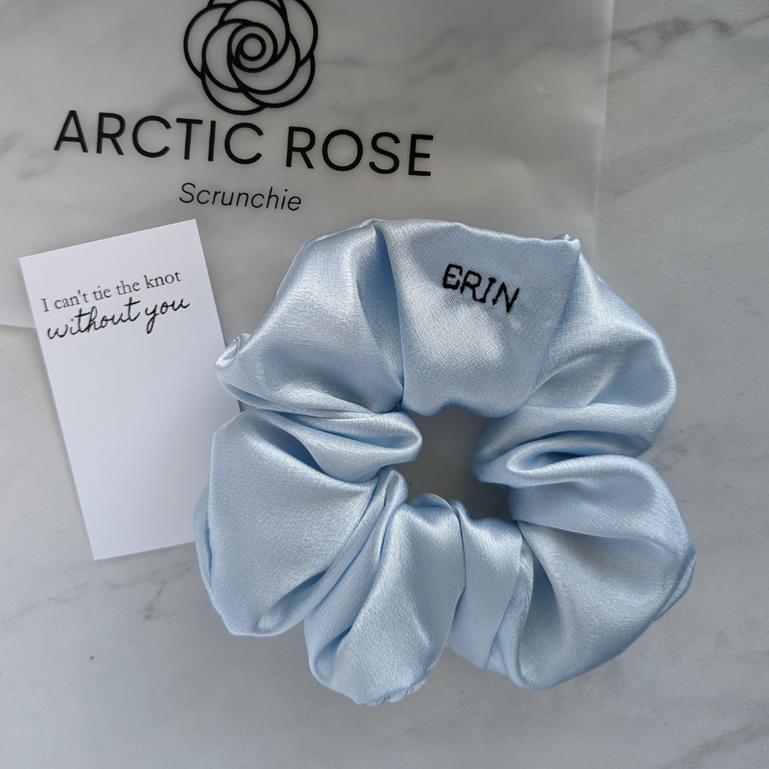Unique bridesmaid gift idea something blue satin scurnchie with bridesmaid name embroidered on scrunchie