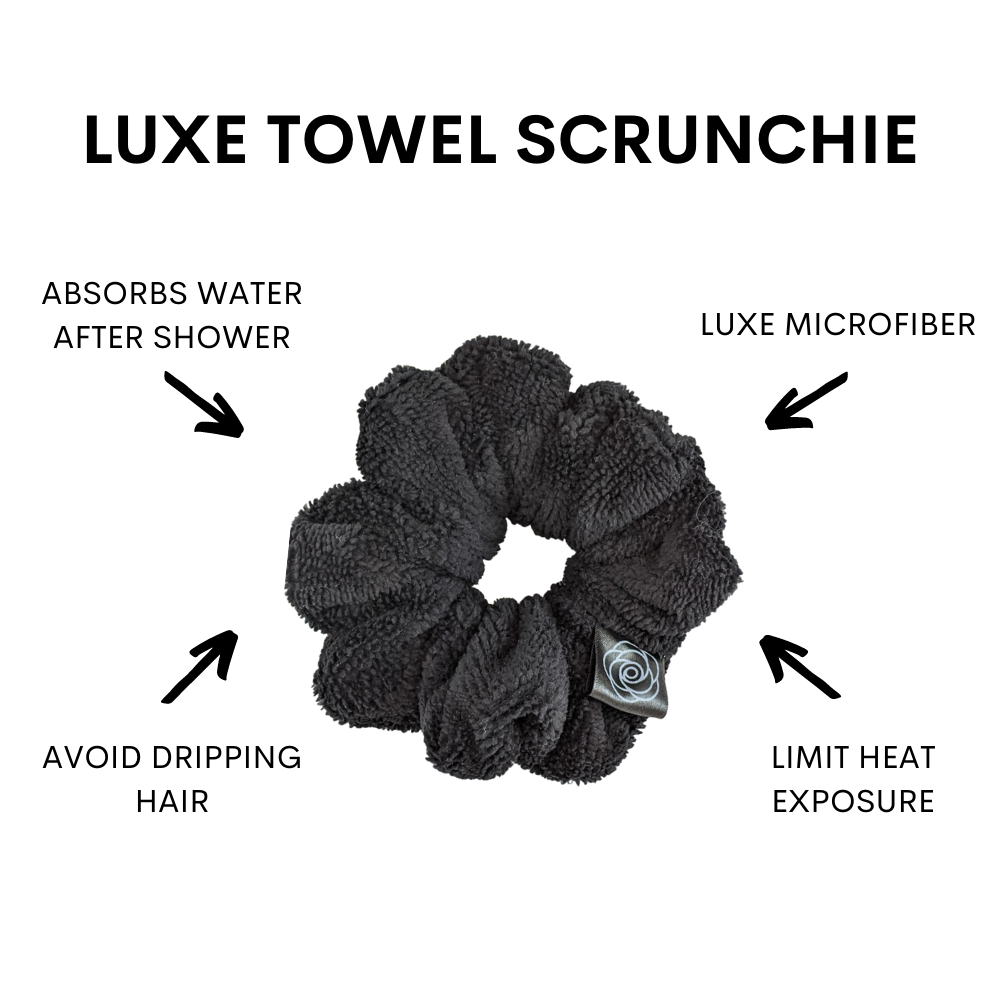 Microfiber towel scrunchie, absorbs water post shower, avoid dripping hair, limit heat exposure and made out of luxe microfiber