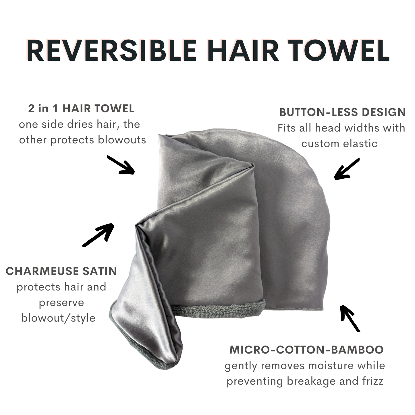 REVERSIBLE LUXE MICROFIBER + SATIN HAIR TOWEL WRAP-Grey