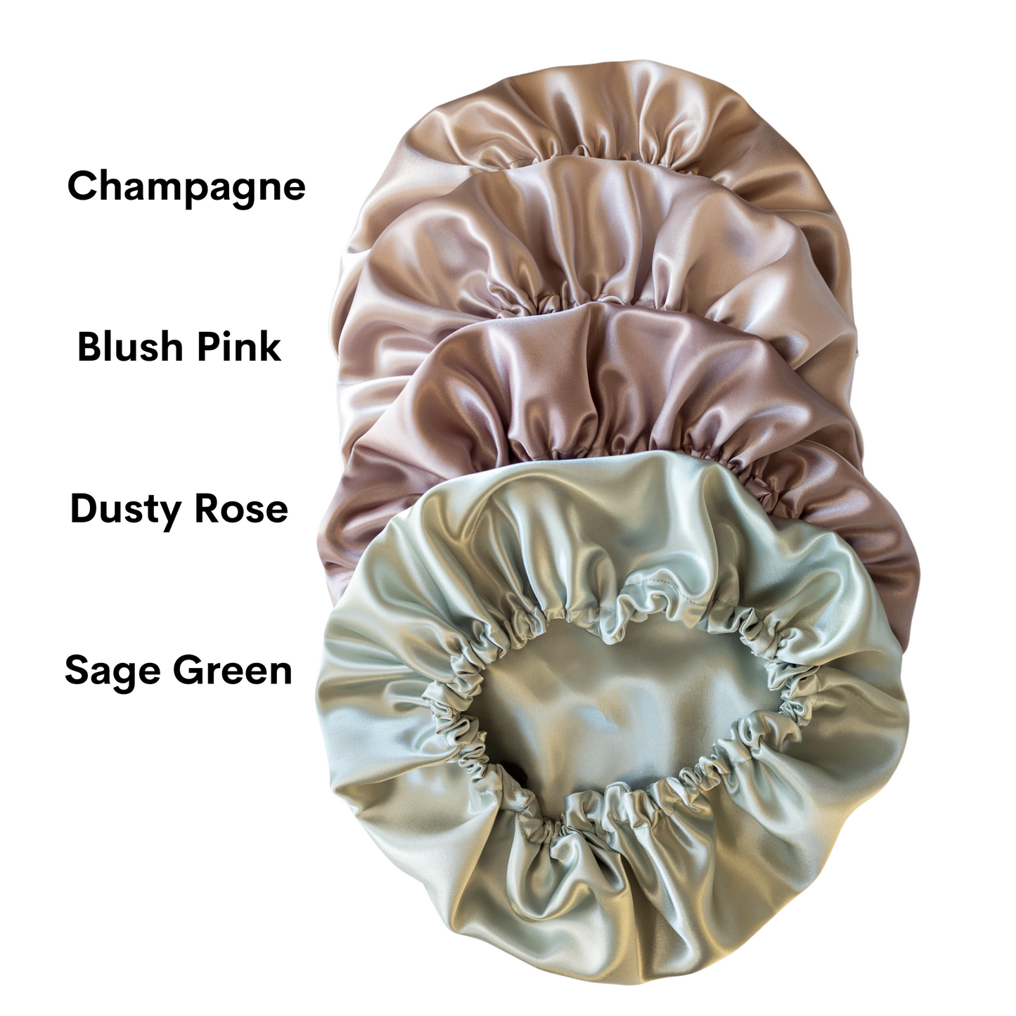 Handmade satin sleep caps, sleep bonnet, silky satin bonnet, sage green, blush pink, champagne, dusty rose. Double sided with adjustable elastic.