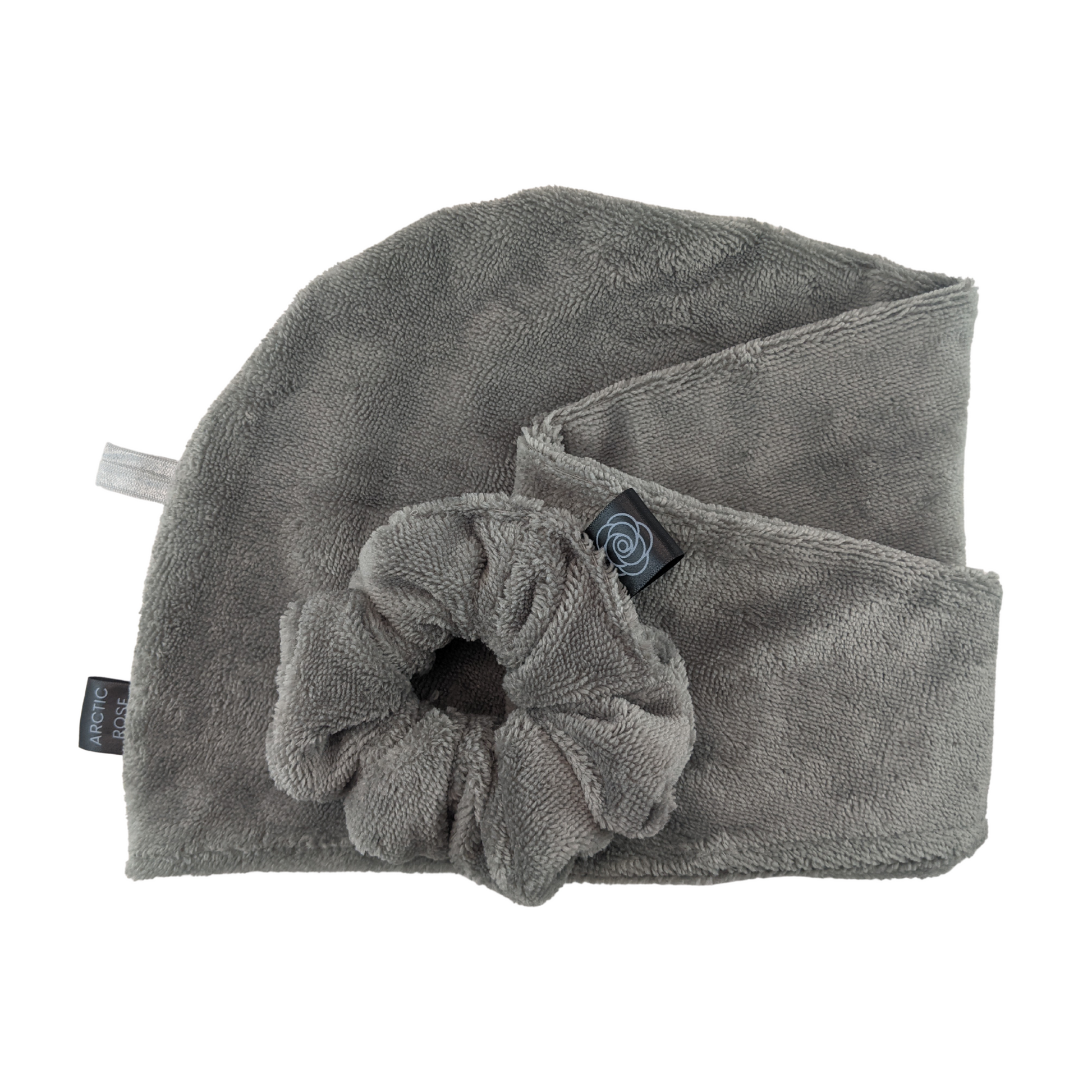 Luxe grey microfiber hair towel turban with matching towel scrunchie 