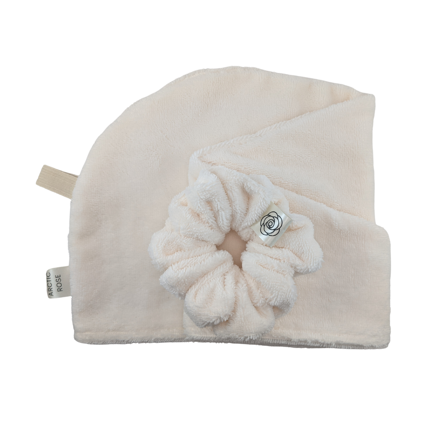 Luxe microfiber hair towel and matching towel scrunchie Ivory