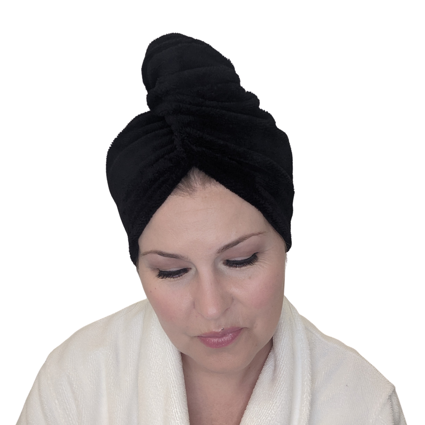woman wearing a black microfiber hair towel
