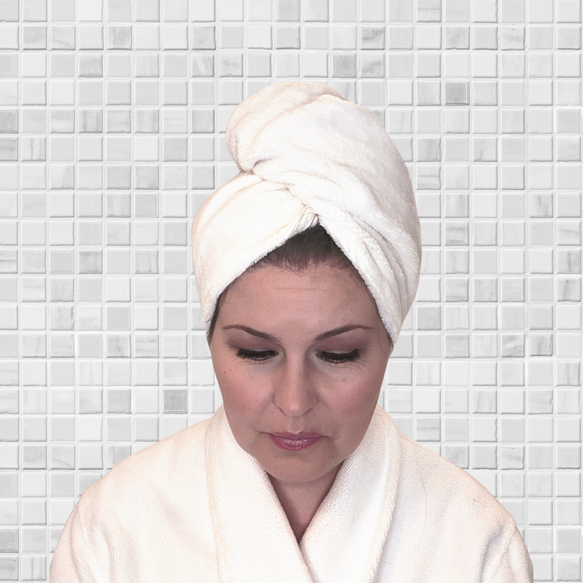 Woman wearing ivory cotton bamboo microfiber hair towel hair drying towel light weight