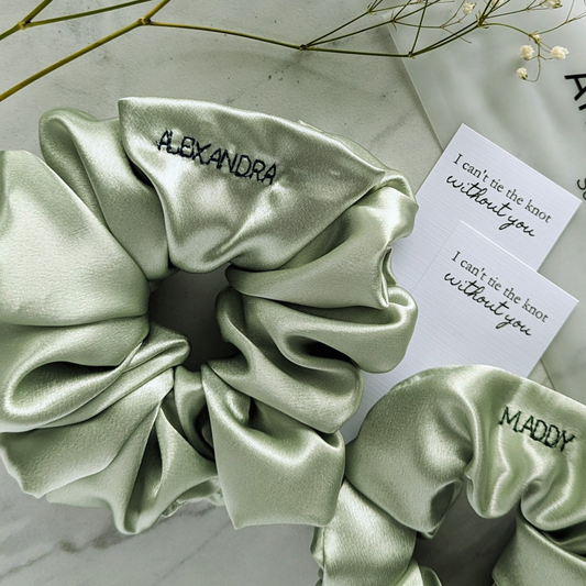 Bridesmaid gift idea, sage green satin scrunchie personalized with bridesmaids name 