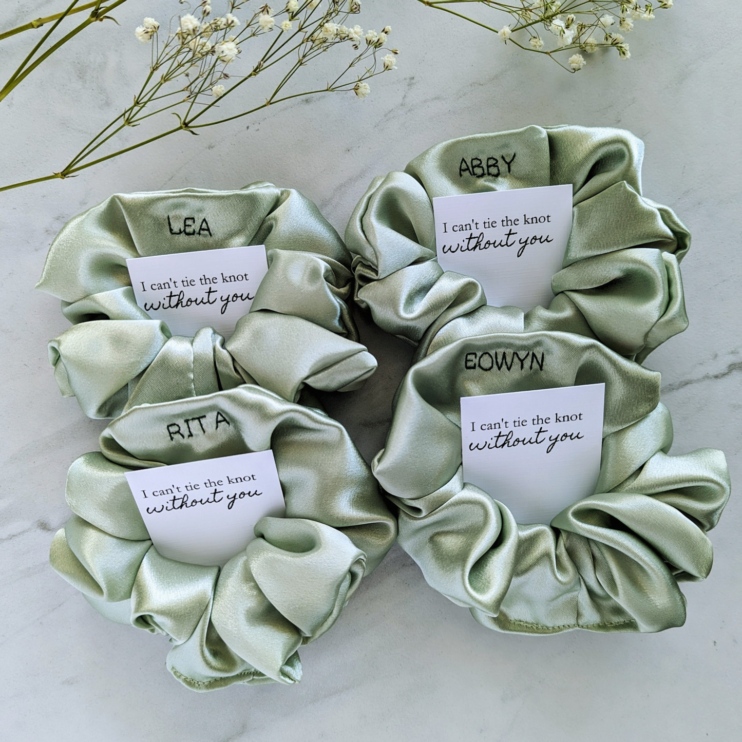 sage green bridesmaid satin scrunchies for proposal box  includes bridesmaid proposal card "I can't tie the knot without you"and a branded bag perfect for the luxe bridal party