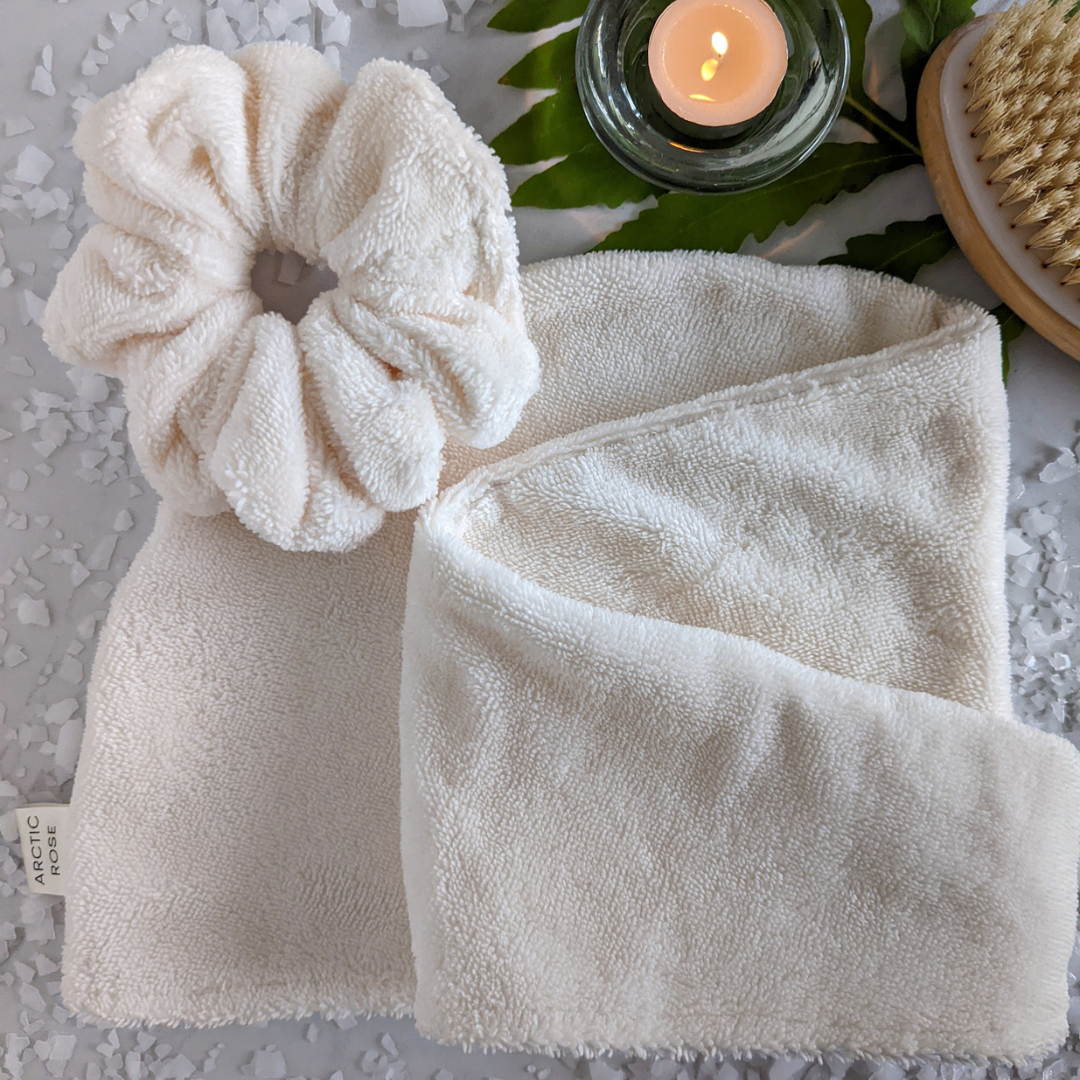 LUXE MICROFIBER HAIR TOWEL AND SCRUNCHIE SET-Ivory