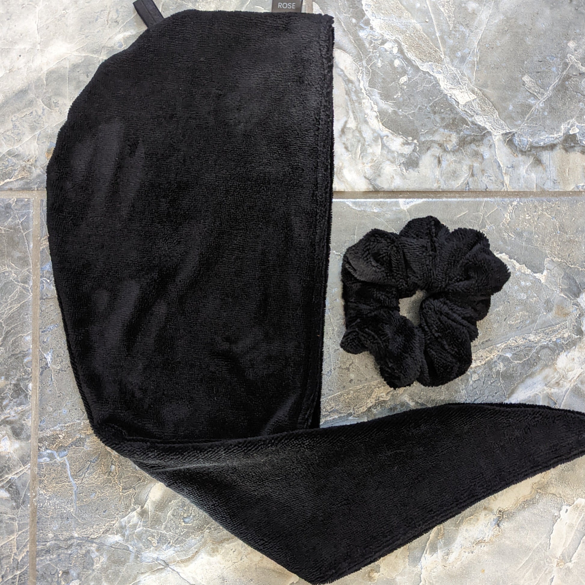 black luxe microfiber hair scrunchie and hair towel, the longest hair towel in Canada