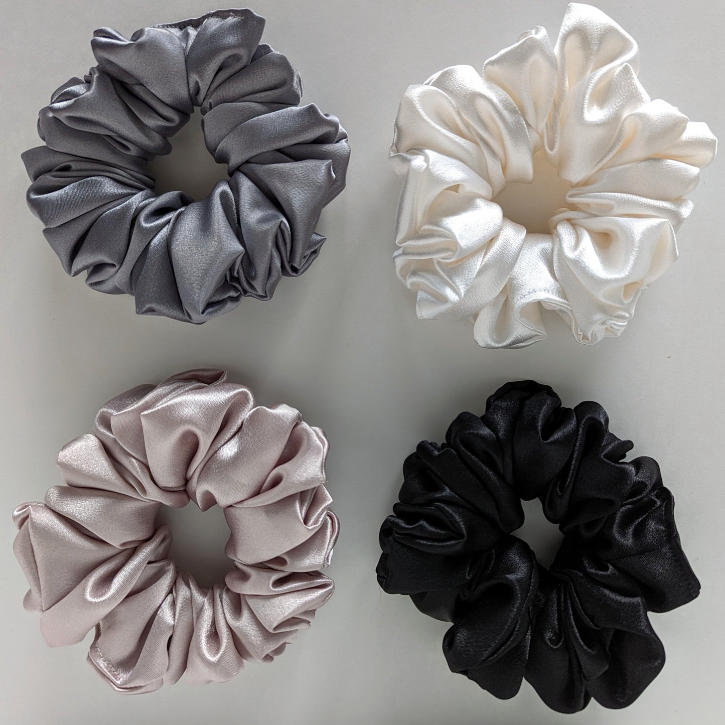 rose blush pink ivory silver grey and black satin scrunchie handmade in Canada arctic rose