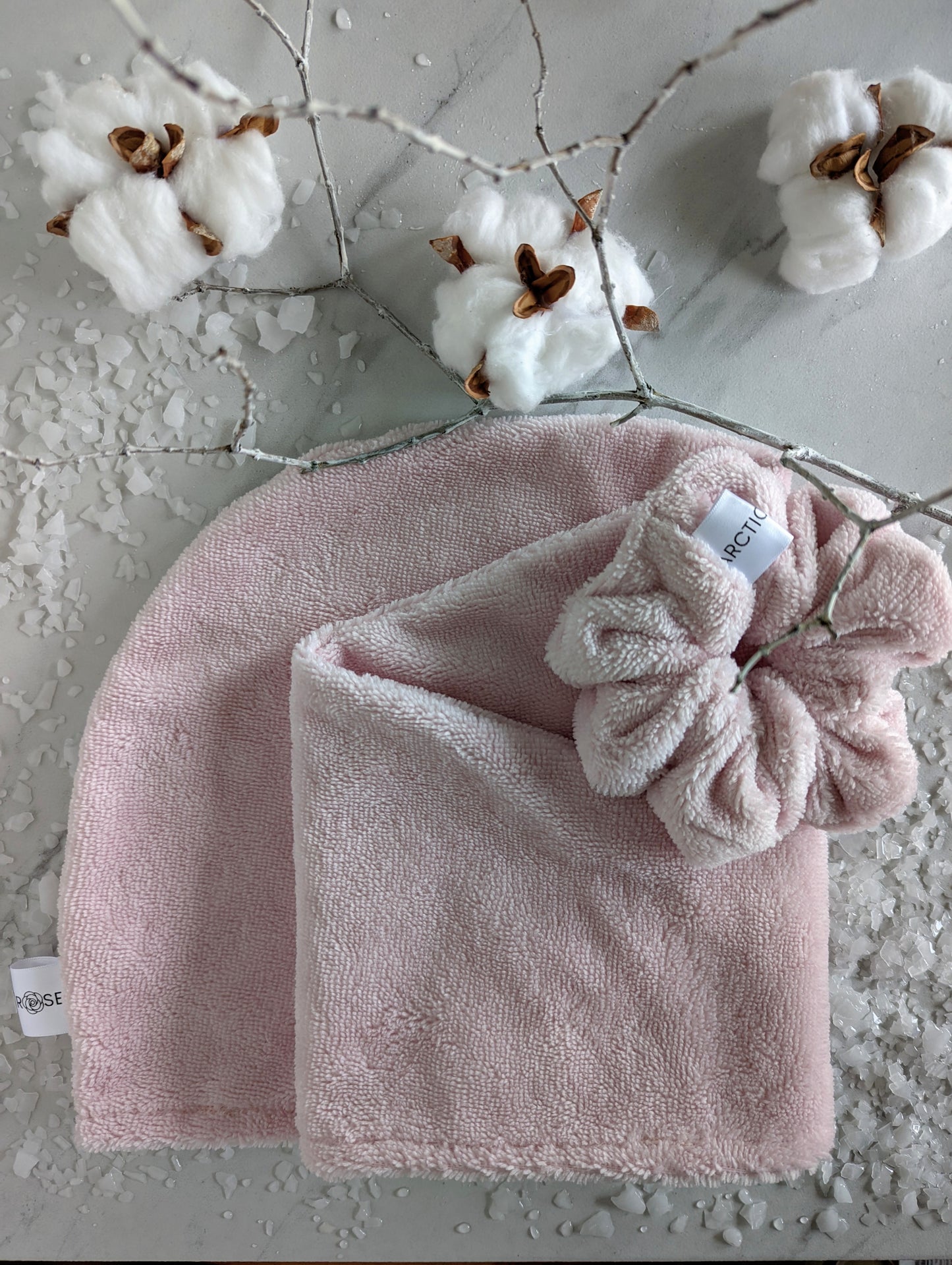 blush pink hair drying towel wrap for women adn matching towel scrunchie