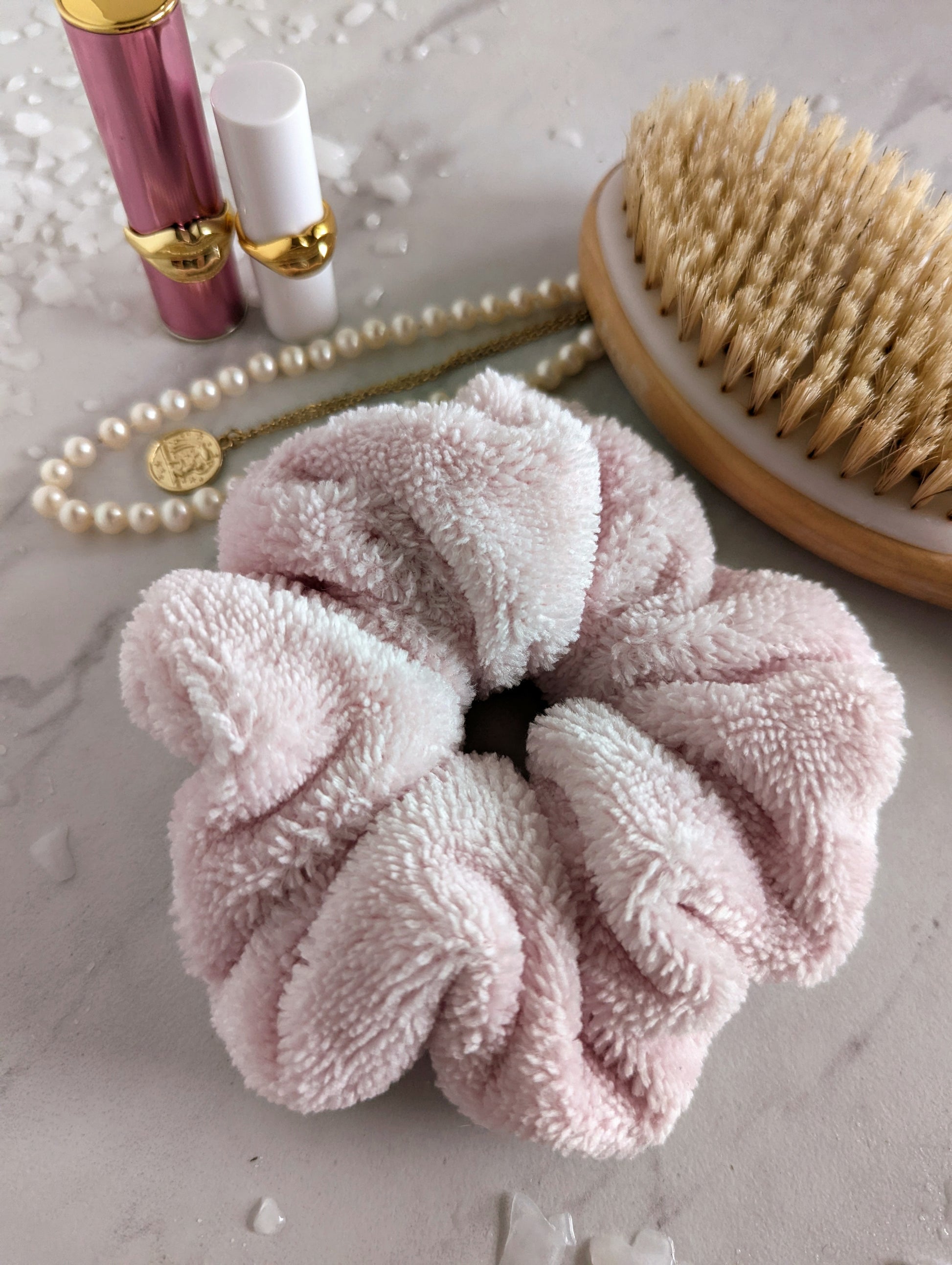 Blush pink towel scrunchie, luxurious hair drying scrunchie