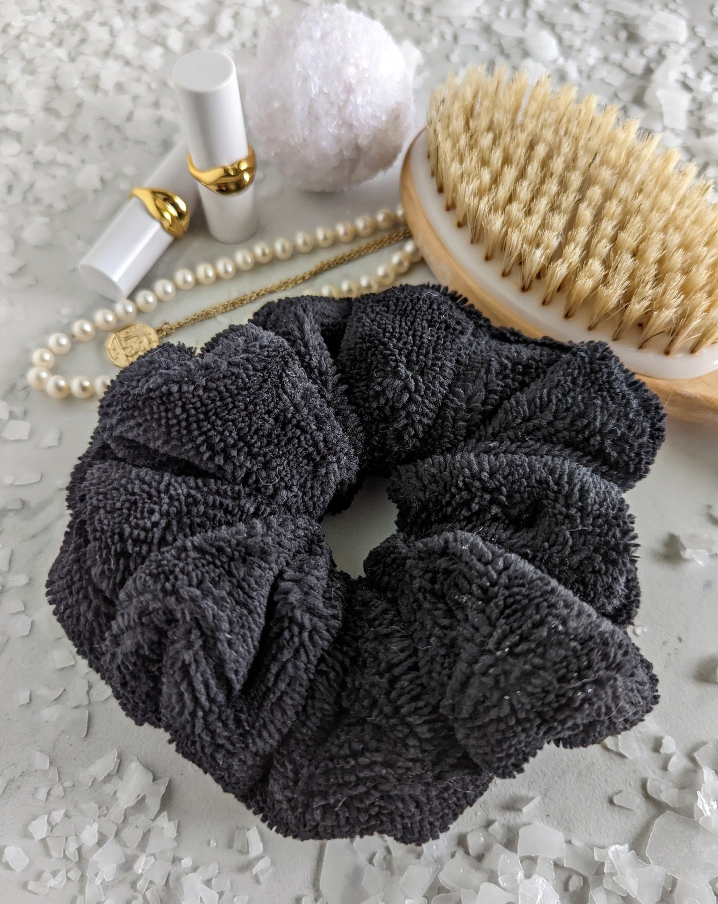 black luxe microfiber towel scrunchie handmade in canada arctic rose