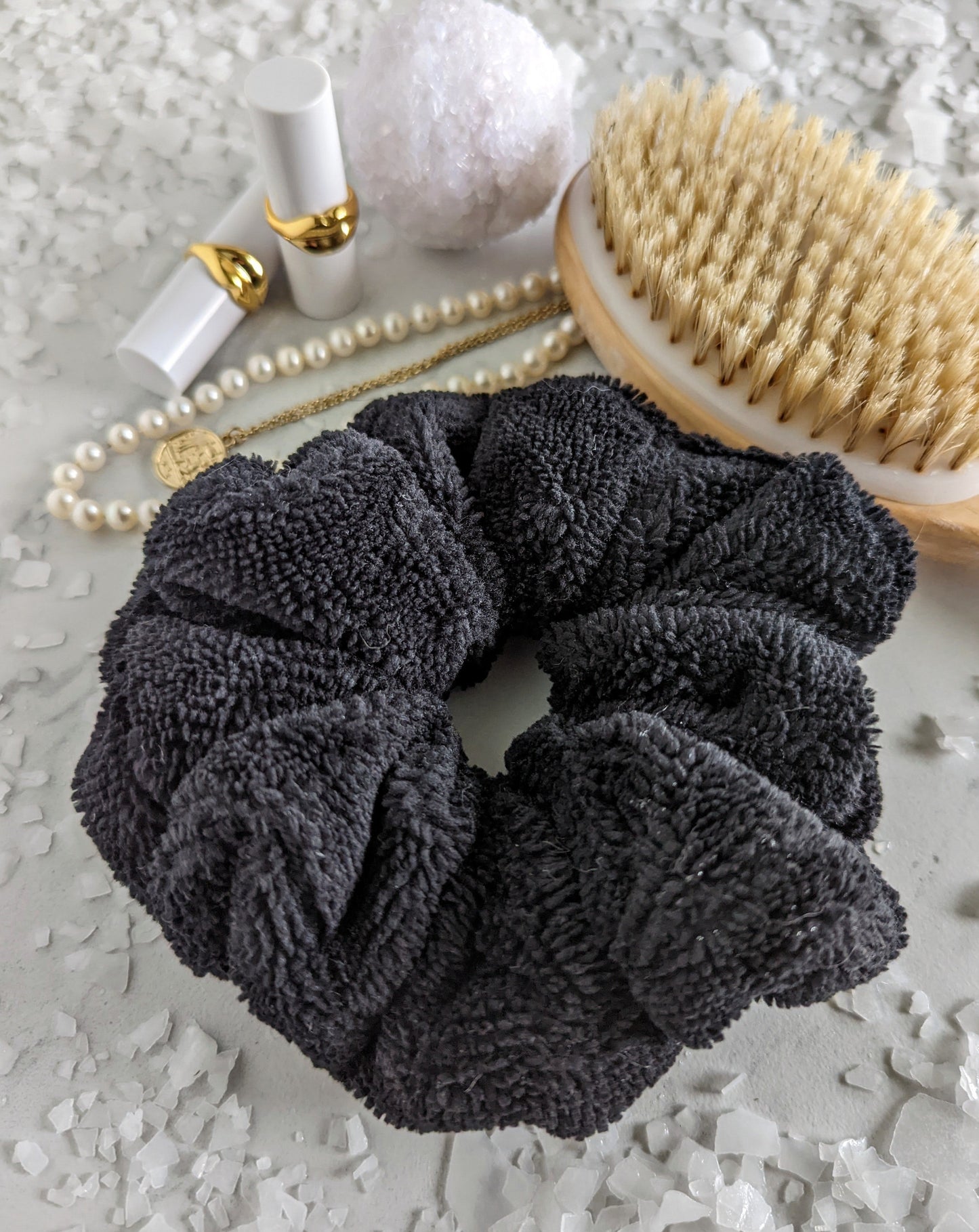 black towel scrunchie perfect for drying wet hair after shower absorbent microfiber scrunchy