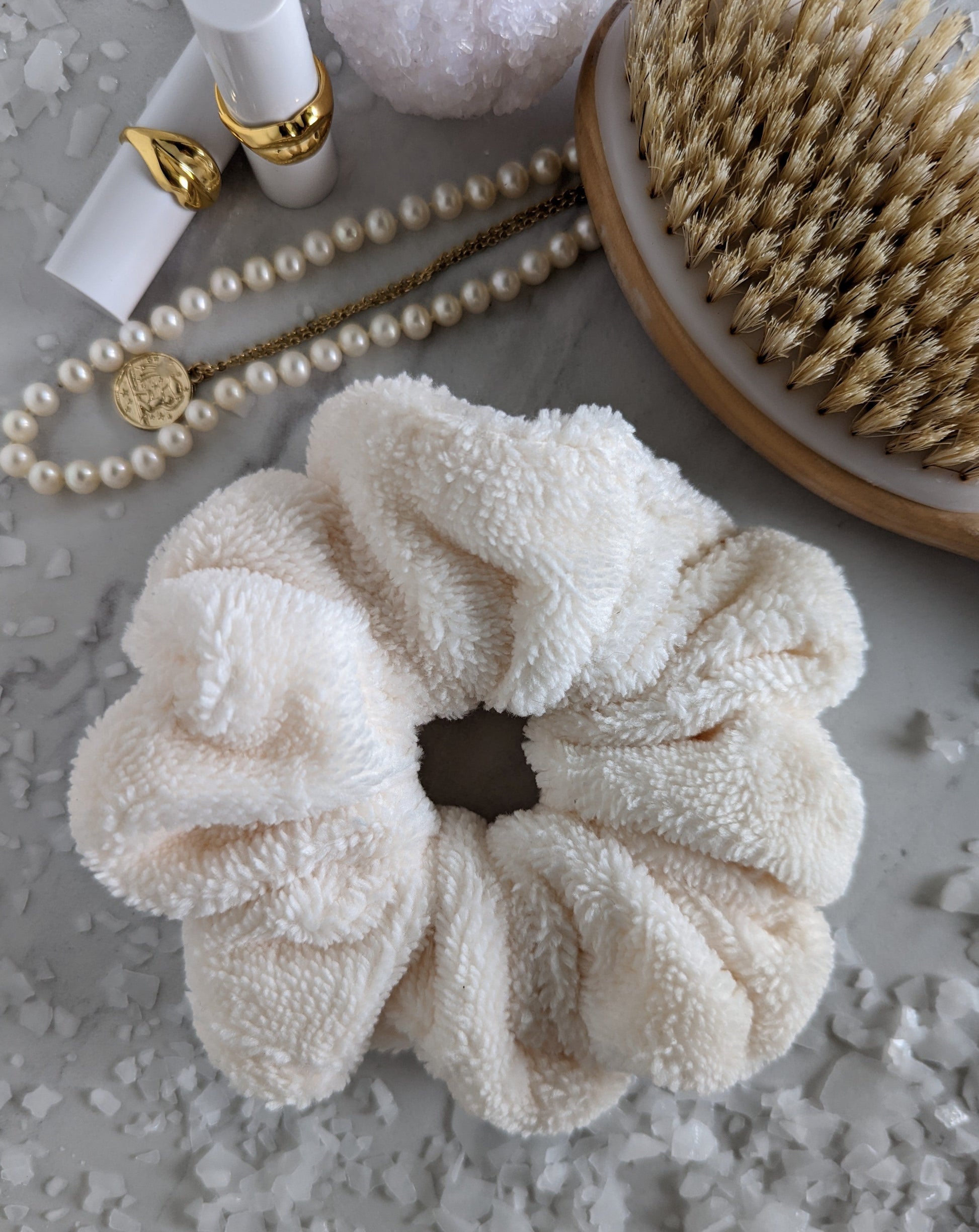 ivory white luxe microfiber cotton bamboo scrunchy scrunchie made in Canada arctic rose