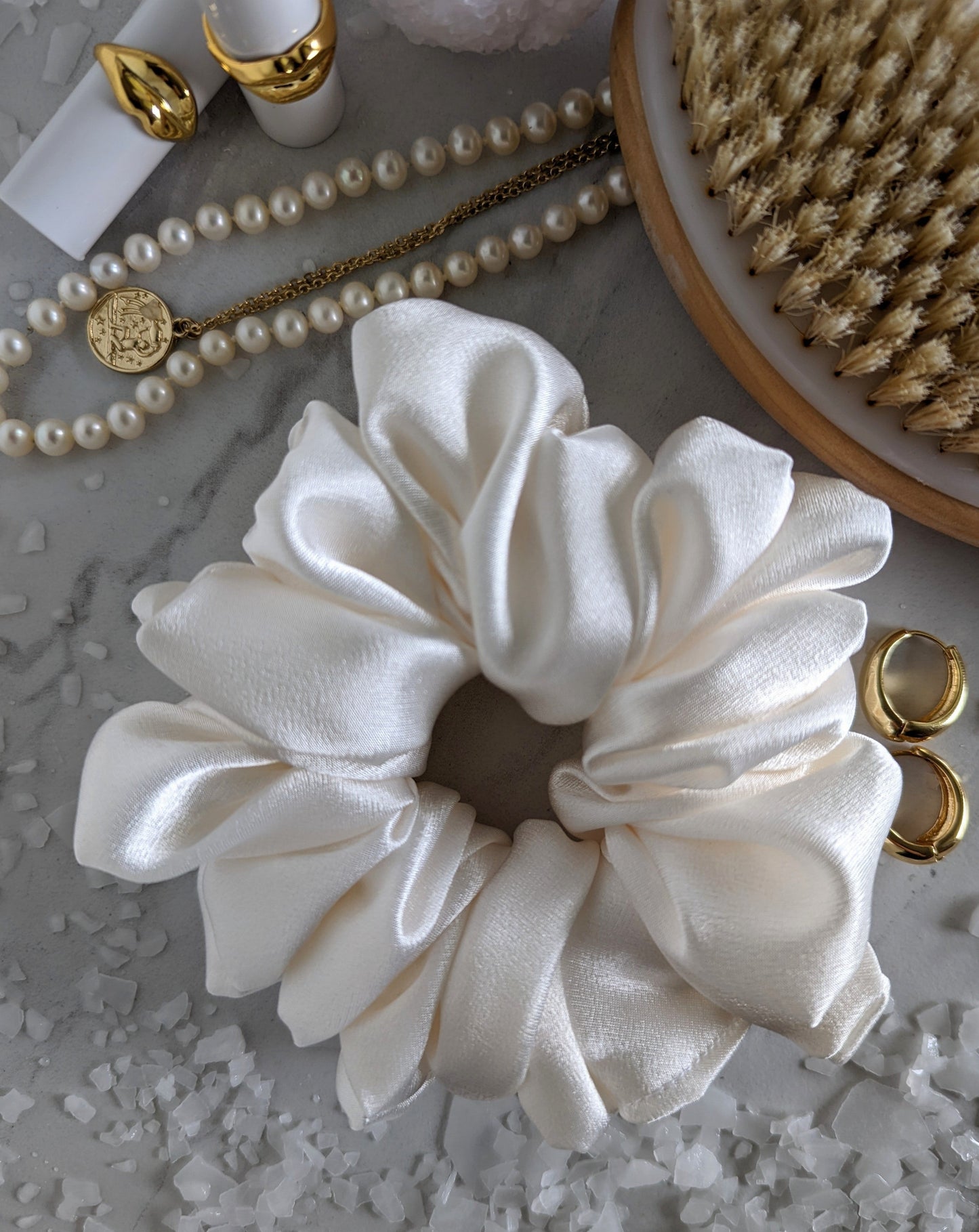 ivory white satin scrunchie handmade in canada arctic rose