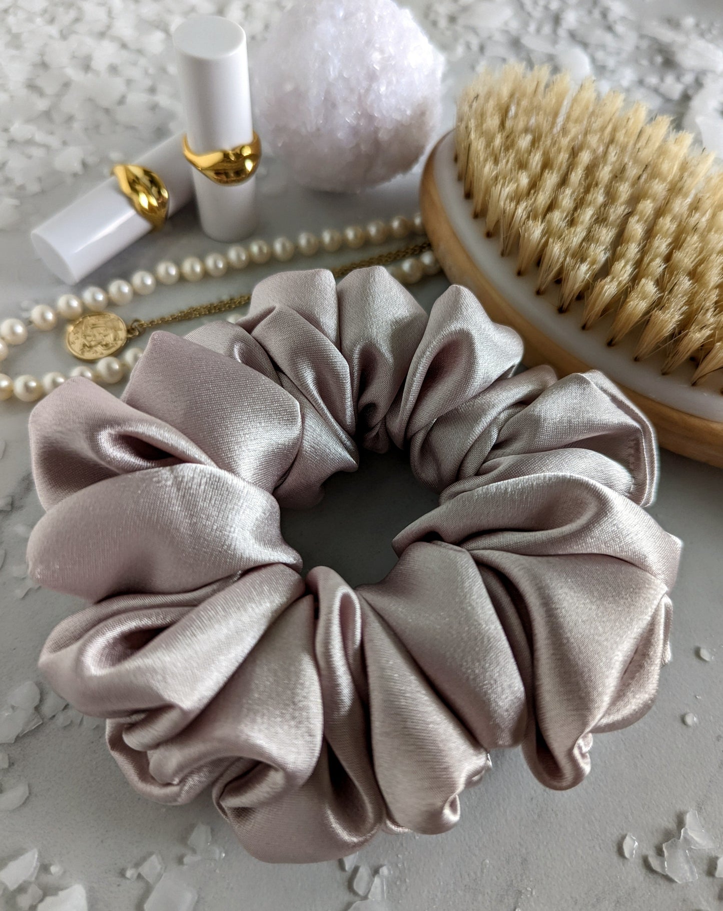 blush pink satin scrunchie xxl handmade made in canada arctic rose