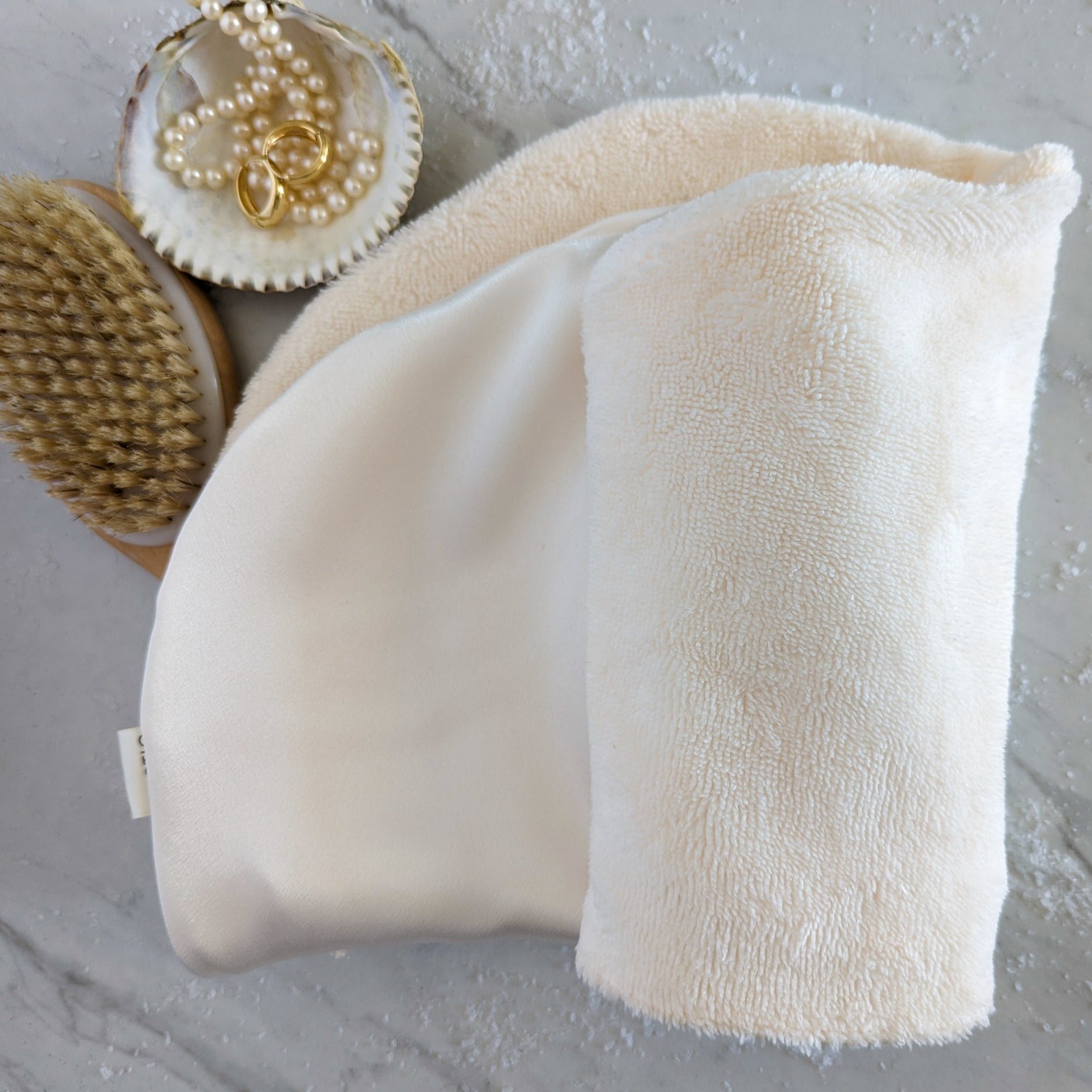 Reversible Luxe Microfiber + Satin Hair Towel Wrap Ivory 
