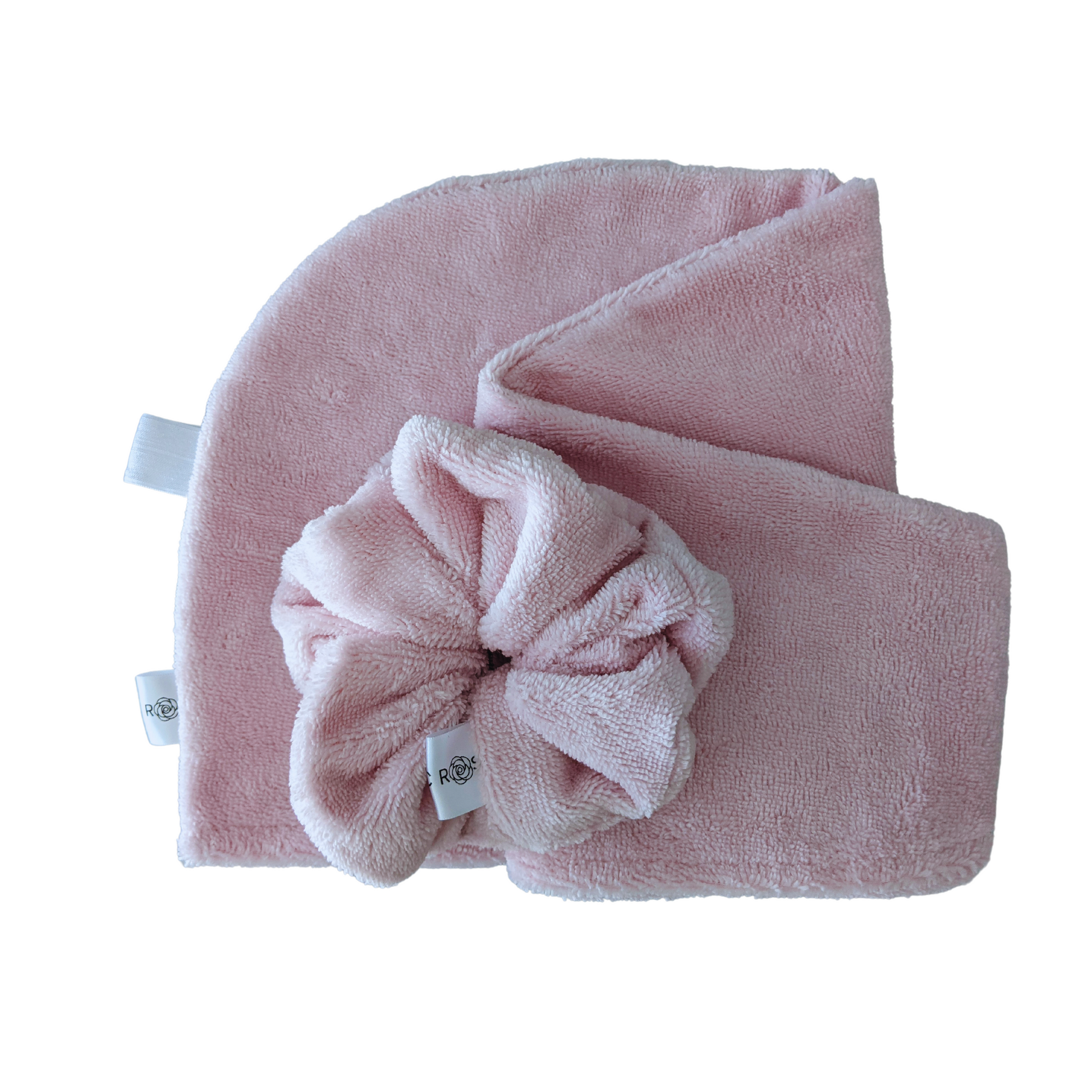 Blush pink hair drying towel and matching towel scrunchie, made in Canada