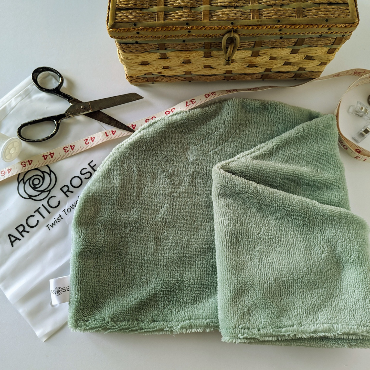 Best luxe microfiber cotton bamboo hair towel hair drying towel wrap turban t-shirt plopping for curly wavy long hair Arctic Rose head towel wrap made in Canada, the perfect travel hair towel sage green