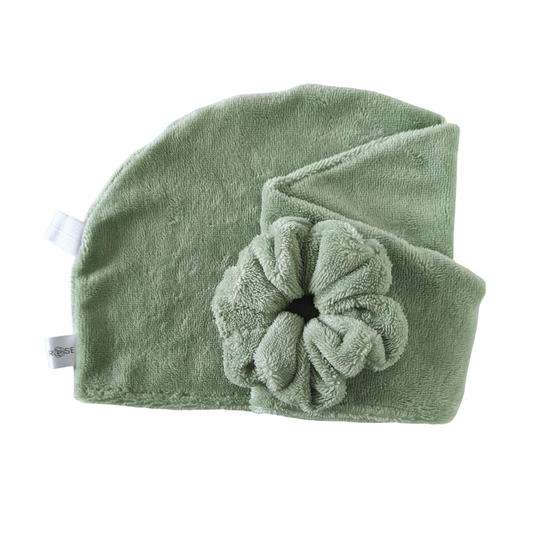 LUXE MICROFIBER HAIR TOWEL AND SCRUNCHIE SET-Sage Green