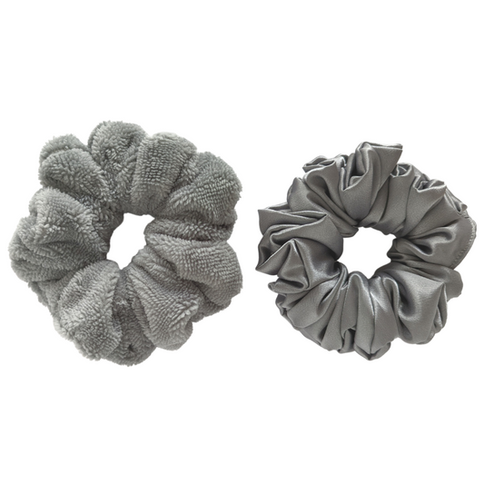 silver satin scrunchie set with a grey luxe microfiber cotton bamboo scrunchy scrunchie made in Canada arctic rose