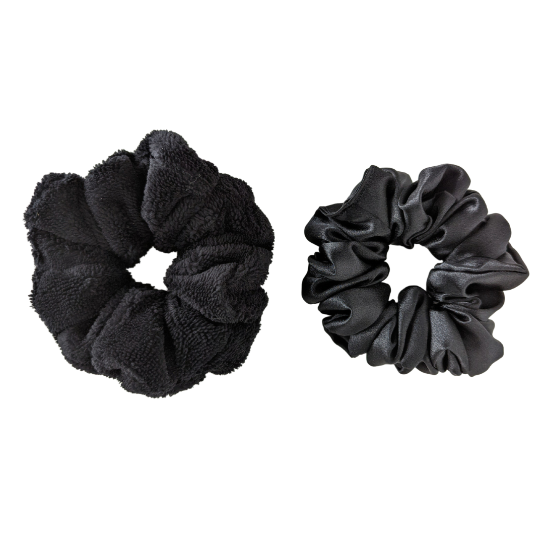 black satin scrunchy and black luxe microfiber towel scrunchie handmade in canada arctic rose