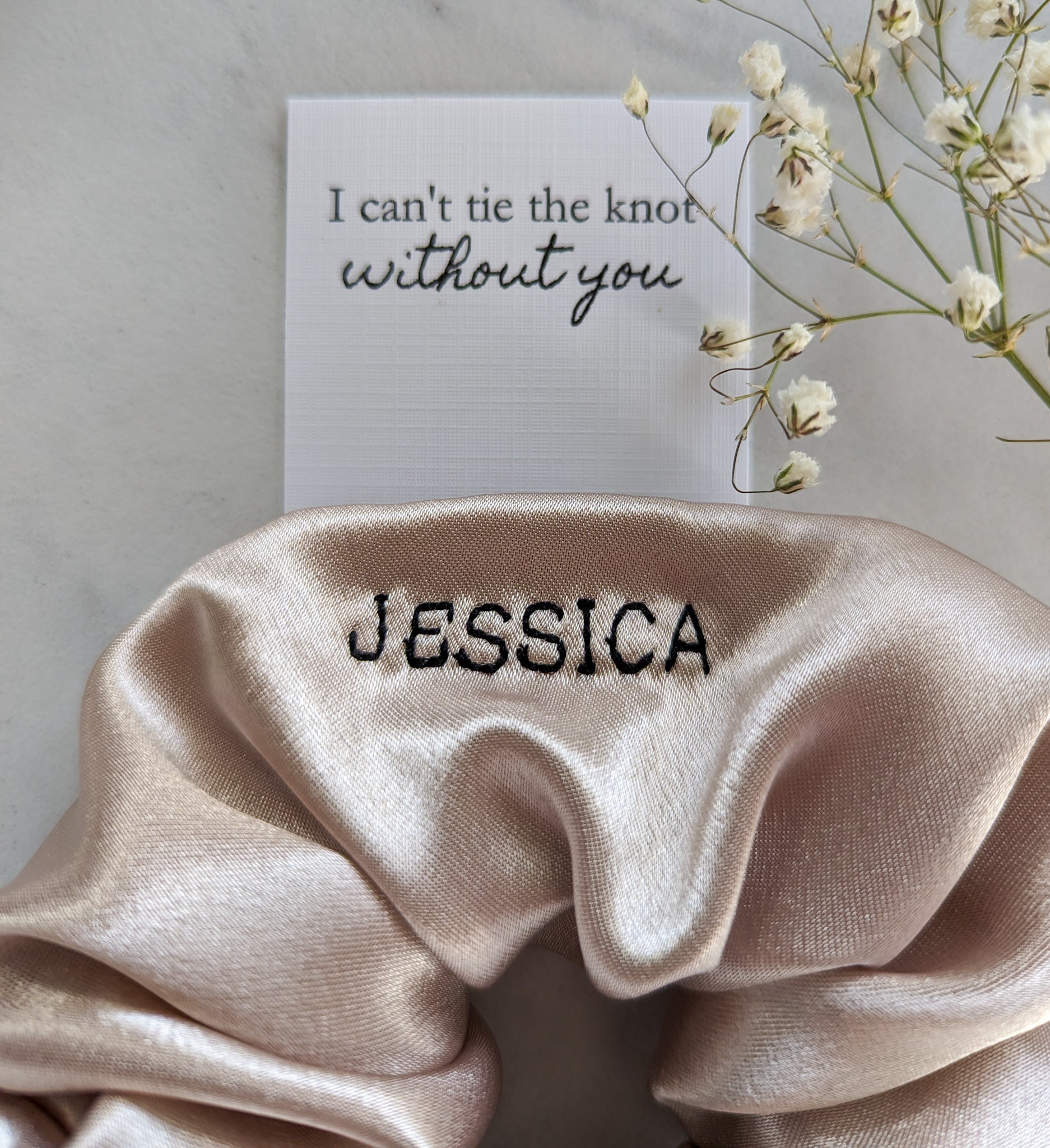 champagne satin scrunchie for bridesmaid proposal box, I can't tie the knot without you card included and a branded bag