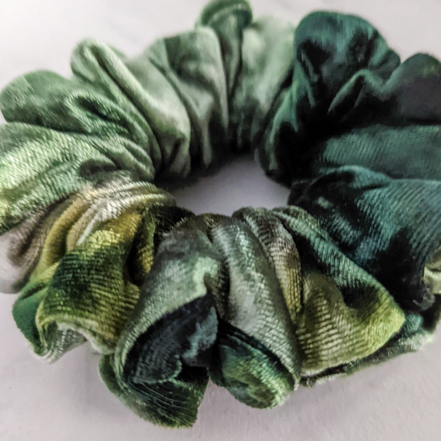 green velvet scrunchie, handmade in Canda, sage, hunter, army green velvet
