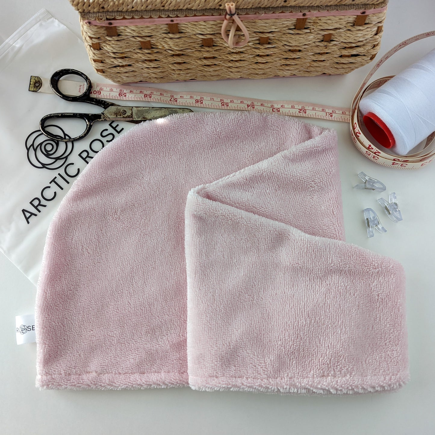 Best luxe microfiber cotton bamboo hair towel hair drying towel wrap turban t-shirt plopping for curly wavy long hair Arctic Rose head towel wrap made in Canada, the perfect travel hair towel matching towel scrunchies available