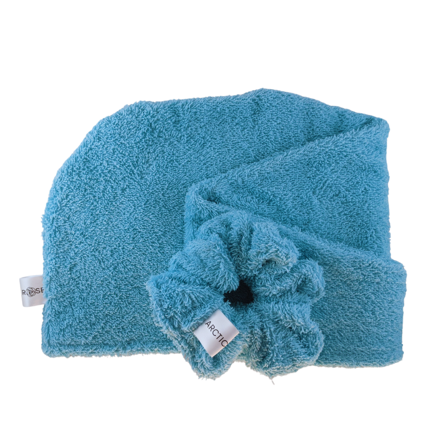 blue cotton hair drying towel and towel scrunchy set handmade in canada arctic rose